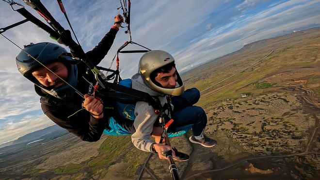 Tandem Paragliding over the Rugged Lava Fields at Blue Mountains